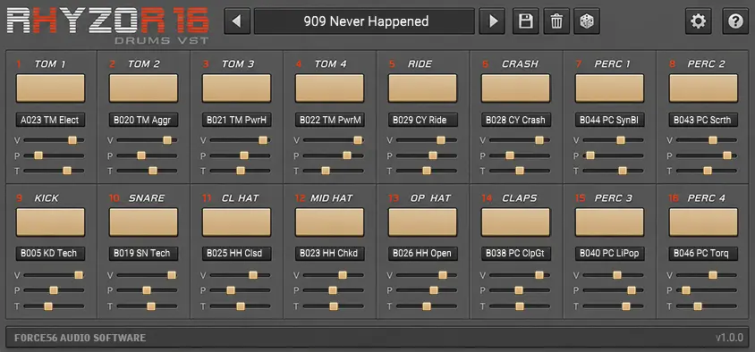 Alesis HR-16 VST plugin interface - Rhyzor16 Drums VST